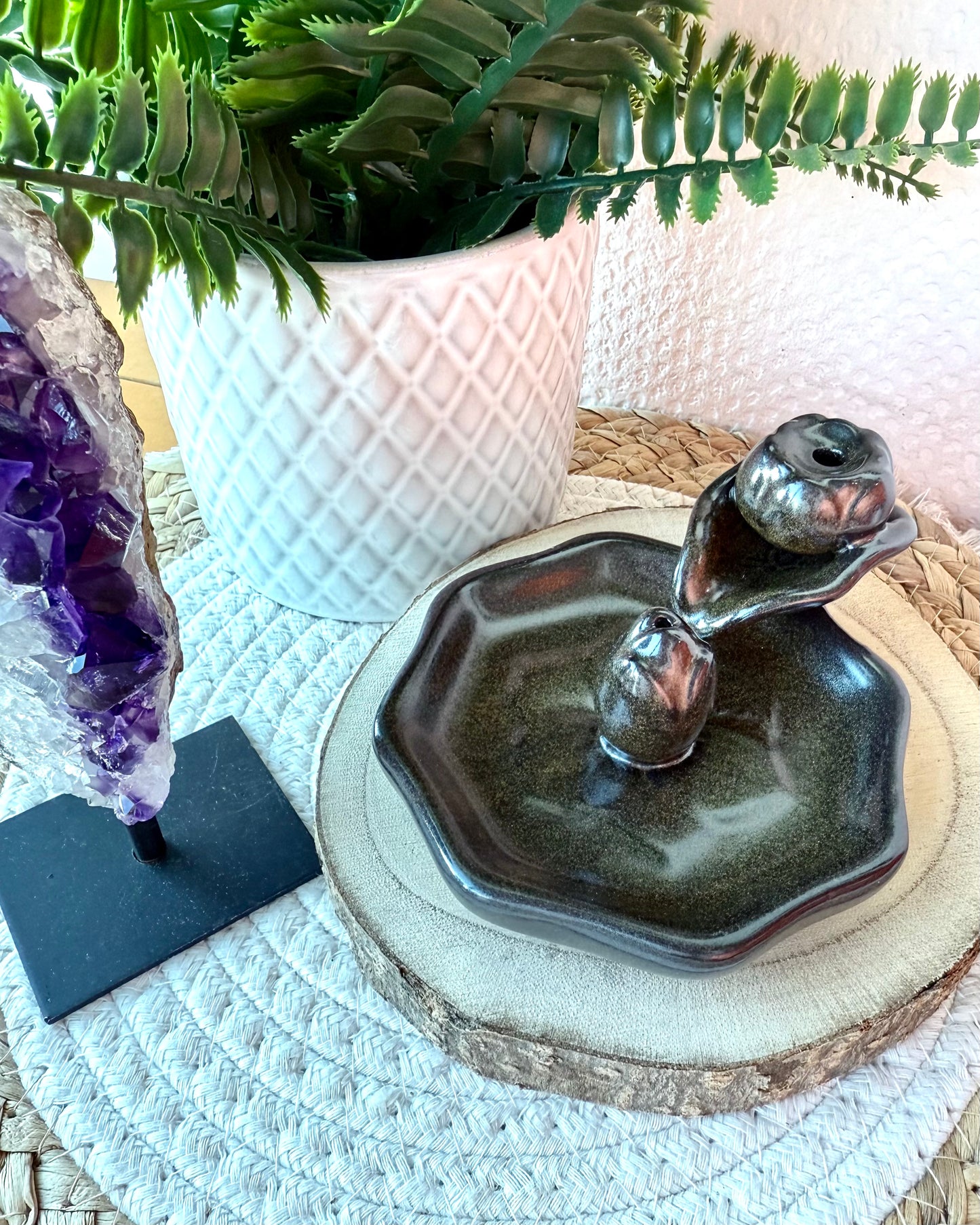 PORTE ENCENS Céramique Marron Fleurs de Lotus 13cm